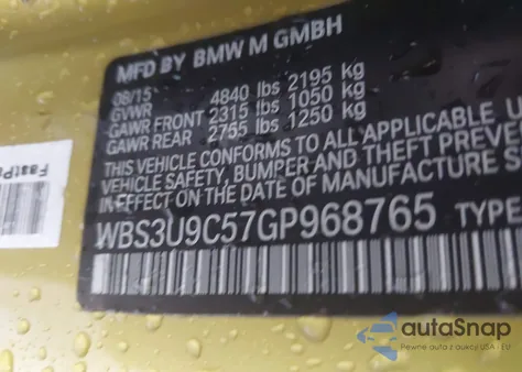 2016 BMW M4 from USA, damaged, VIN WBS3U9C57GP968765